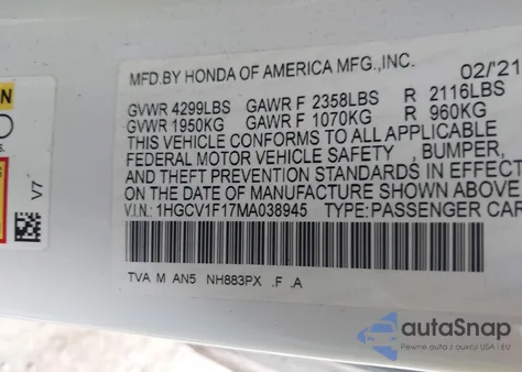 2021 Honda Accord Lx from USA, damaged, VIN 1HGCV1F17MA038945